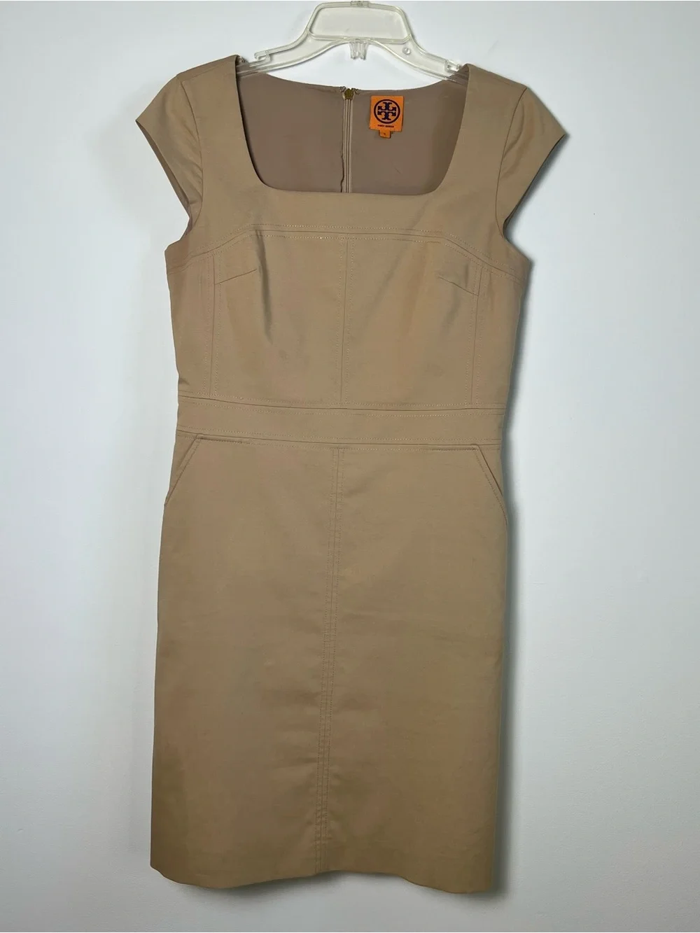 Tory Burch Tan Square Neck Cap Sleeve Sheath Dress Pockets Size 8